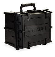 Citadel Battle Figure Case - Black rectangular plastic storage case with handle and secure latch system, embossed Citadel logo on front panel.
