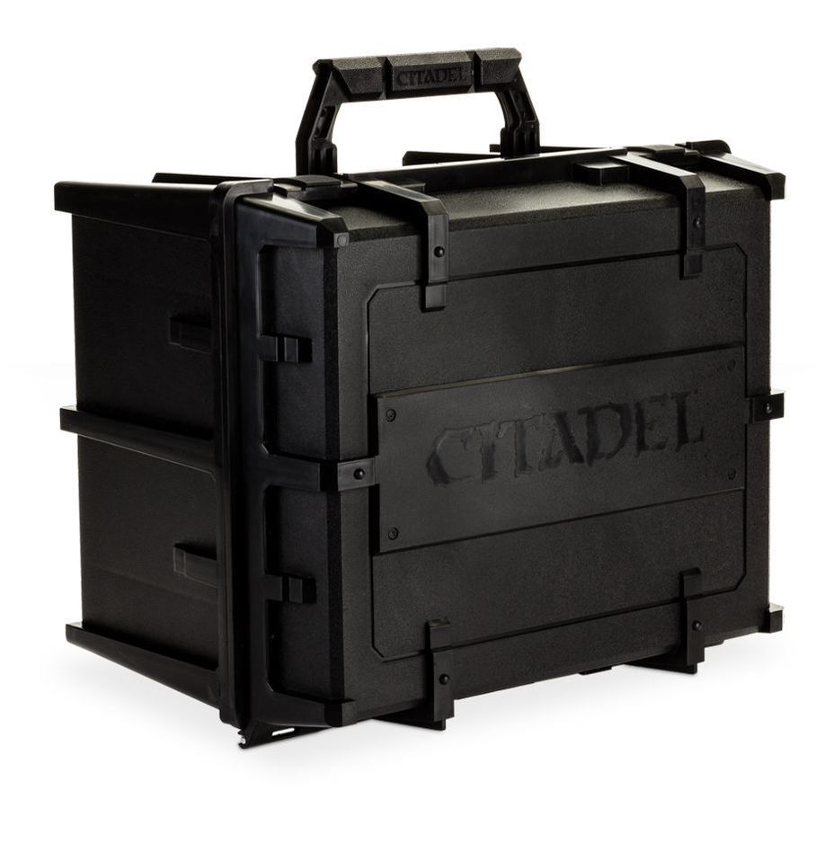 Citadel Battle Figure Case - Black rectangular plastic storage case with handle and secure latch system, embossed Citadel logo on front panel.
