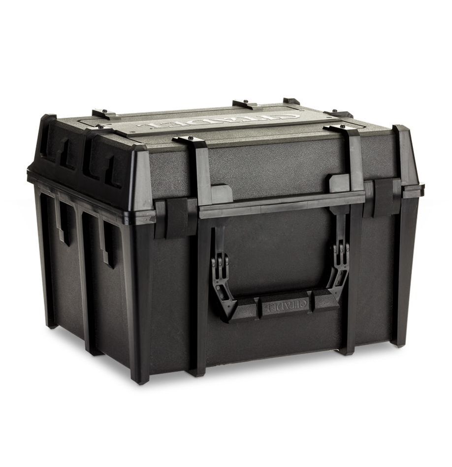 Citadel Battle Figure Case - Black sturdy plastic carrying case with reinforced edges, secure latches, and a central handle designed for transporting.