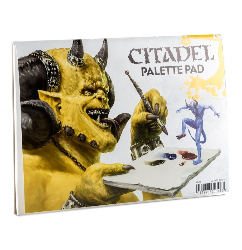 Citadel Palette Pad - Citadel Palette Pad featuring fantasy demon holding paintbrush and palette with paint splotches on white background.