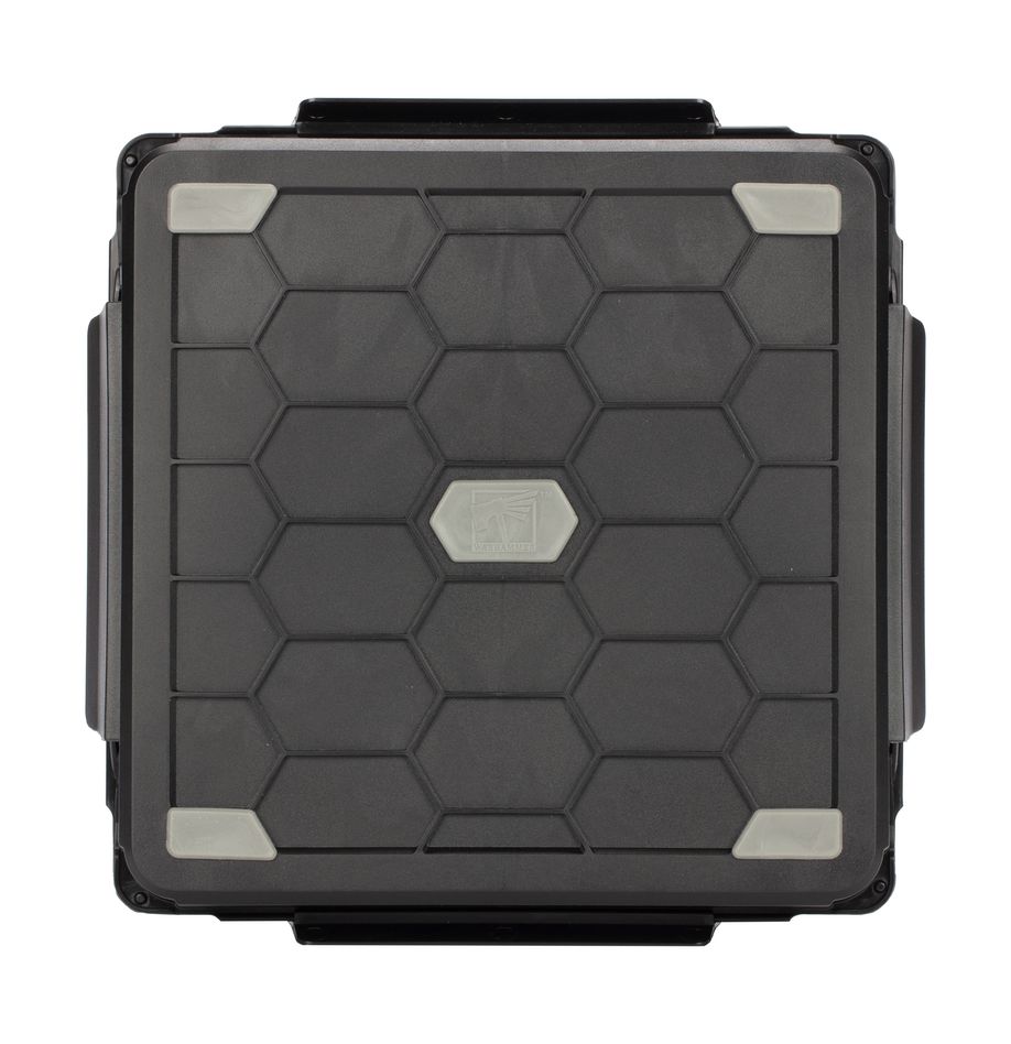 Strormvault Skirmish Figure Case - Black hexagonal-patterned hard case with silver corner reinforcements and central logo plate.