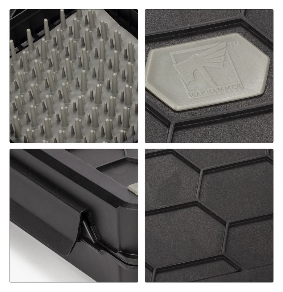 Strormvault Skirmish Figure Case - Black plastic figure case with hexagonal pattern, gray foam insert with multiple pegs, and embossed logo panel.