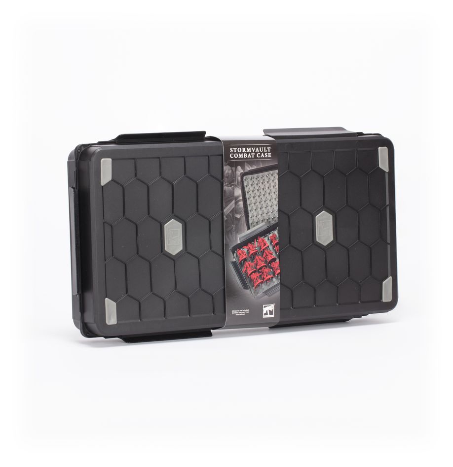 Strormvault Combat Figure Case - Black rectangular Stormvault Combat Figure Case with textured hexagonal pattern and central logo on each side, designed for.