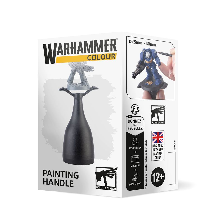 Warhammer Colour Painting Handle - Black ergonomic Warhammer painting handle with a miniature model attached, designed for 25mm-40mm bases.