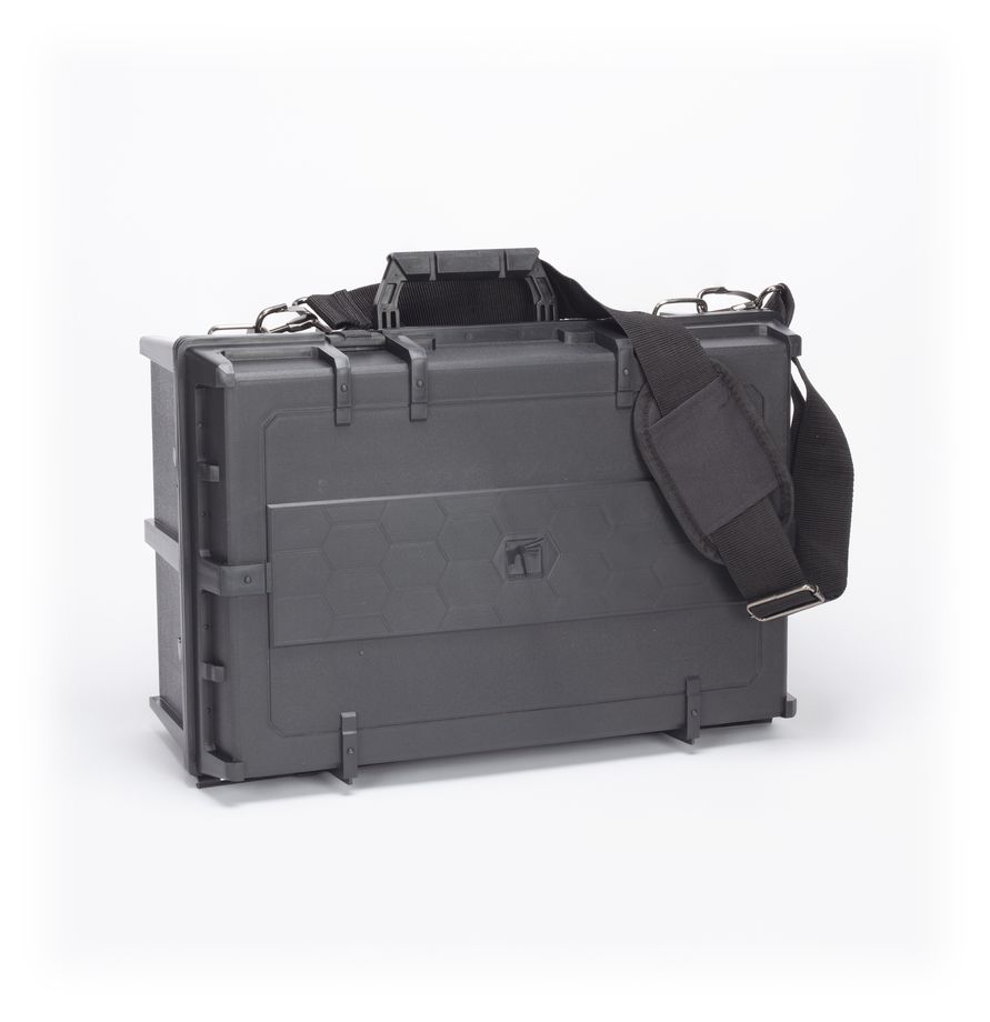 Warhammer Crusade Figure Case - Black hard-shell rectangular figure case with reinforced corners and an adjustable padded shoulder strap.