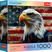 Puzzle: Proud Eagle 1000 Piece - 1000-piece puzzle featuring a detailed bald eagle head with intense eyes against a faded American flag background.
