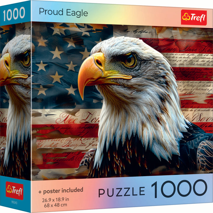 Puzzle: Proud Eagle 1000 Piece - 1000-piece puzzle featuring a detailed bald eagle head with intense eyes against a faded American flag background.
