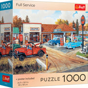 Puzzle: Full Service 1000 Piece - Vintage gas station scene puzzle box showing 1950s cars and service trucks in bright colors, 1000 pieces.