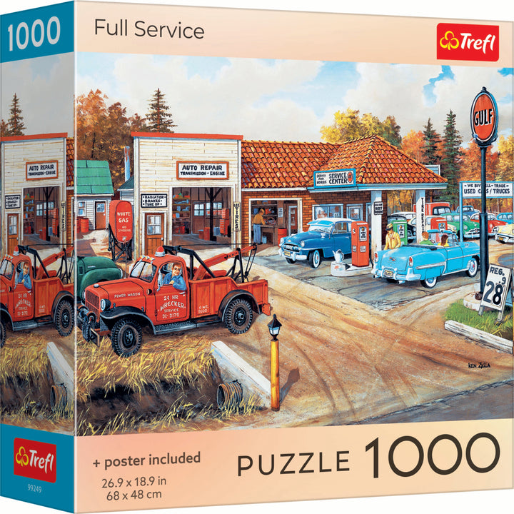 Puzzle: Full Service 1000 Piece - Vintage gas station scene puzzle box showing 1950s cars and service trucks in bright colors, 1000 pieces.