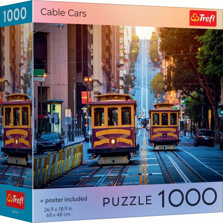 Puzzle: Cable Cars 1000 Piece - 1000-piece puzzle box featuring vibrant yellow and maroon cable cars on urban street tracks at sunset.