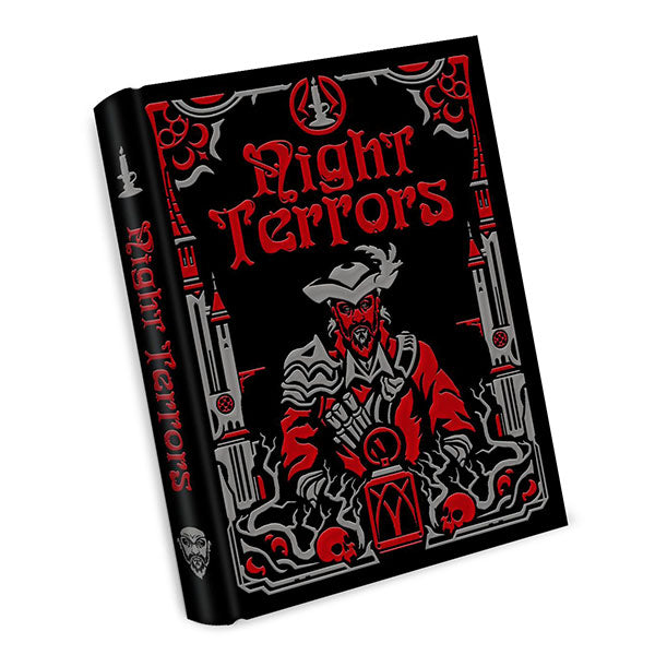 Night Terrors, Limited Edition (PREORDER) - Black hardcover book with red and gray gothic-style artwork, featuring a grim reaper holding a lantern and tall spires in.