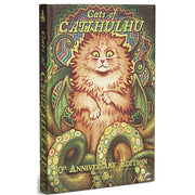 Cats of Catthulhu, 10th Anniversary Edition - Core Book - Book cover featuring a fluffy, wide-eyed orange cat surrounded by green tentacles, with psychedelic patterns and bold yellow
