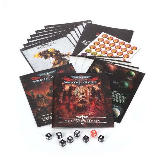 Warhammer 40,000 Roleplay: Wrath & Glory: Starter Set - Warhammer 40,000 Wrath & Glory Starter Set with game books, character sheets, colorful token stickers, and six black and.