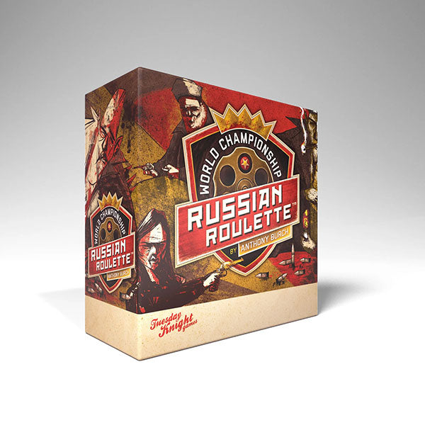World Championship Russain Roulette (PREORDER) - Boxed party game titled World Championship Russian Roulette with vintage carnival-style artwork in red, beige, and black.