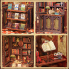 Owl Bookstore Book Nook (PREORDER) - Intricately detailed wooden book nook with shelves of colorful miniature books, vintage lamp, owl figurine, and music-themed