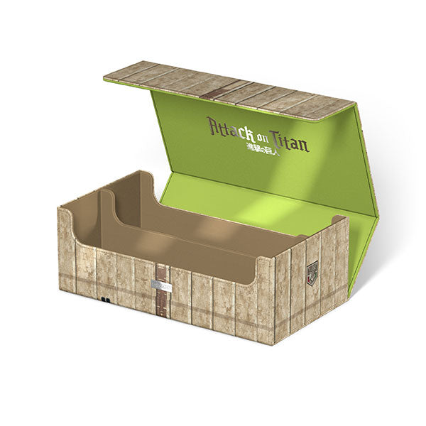 Squaroes Arkhive 800+: Attack on Titan - "Shiganshina District" Collector's Case (PREORDER) - Rectangular beige collector’s case with wood plank design, green interior, and Attack on Titan logo inside lid.