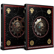 Warhammer 40,000 Roleplay: Imperium Maledictum: Adeptus Mechanicus Collector's Edition (PREORDER) - Two black hardcover books with intricate red and gold border designs featuring mechanical gears and a central cogwheel.