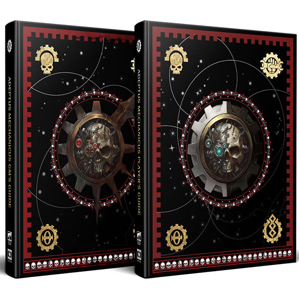 Warhammer 40,000 Roleplay: Imperium Maledictum: Adeptus Mechanicus Collector's Edition (PREORDER) - Two black hardcover books with intricate red and gold border designs featuring mechanical gears and a central cogwheel.