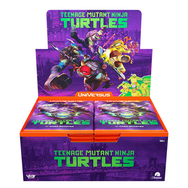 UniVersus: Teenage Mutant Ninja Turtles - Booster Display - Purple and green Teenage Mutant Ninja Turtles-themed booster display box with colorful character art and comic-style.