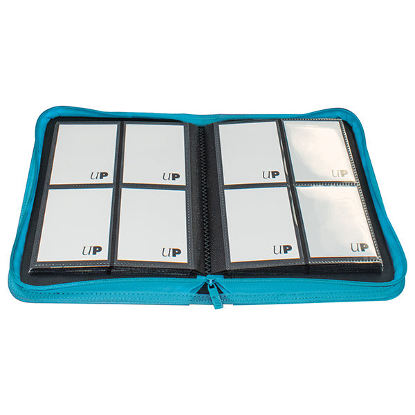 Ultra Pro 4-Pocket Zippered Binder: Vivid - Teal (PREORDER) - Teal zippered binder open to show eight clear four-pocket card sleeves inside with black trim and zipper closure.