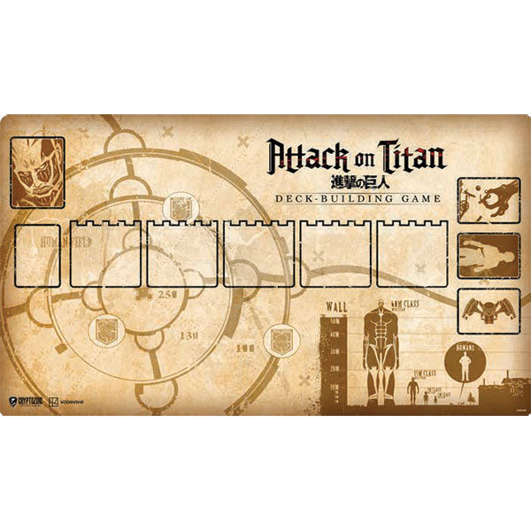 Attack on Titan Deck-Building Game Playmat (PREORDER) - Beige Attack on Titan themed deck-building game playmat with card slots, stylized gear and wall illustrations, and black.