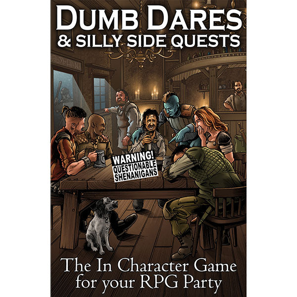 Dumb Dares & Silly Side Quests (PREORDER) - Colorful fantasy-themed game box featuring adventurers seated around a wooden table in a dimly lit tavern with a dog under.