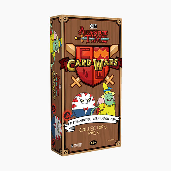 Adventure Time Card Wars: Peppermint Butler vs. Magic Man, Collector's Pack (PREORDER) - Brown rectangular box featuring Adventure Time Card Wars logo with cartoon characters Peppermint Butler and Magic Man on.