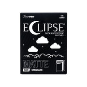 Ultra Pro Eclipse Matte Deck Protectors Sleeves: Arctic White - Black box with white moon and cloud graphics containing 105 Arctic White matte card sleeves.