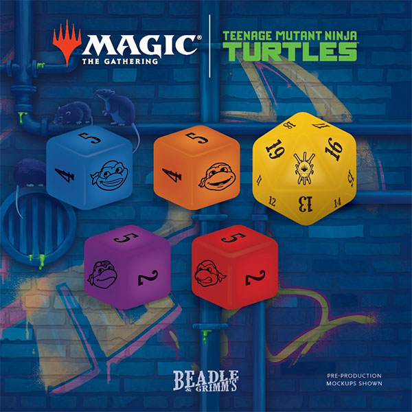 Magic the Gathering: Token Set - Teenage Mutant Ninja Turtles (PREORDER) - Set of five colorful polyhedral dice featuring Teenage Mutant Ninja Turtles designs with blue, orange, yellow, purple, and.