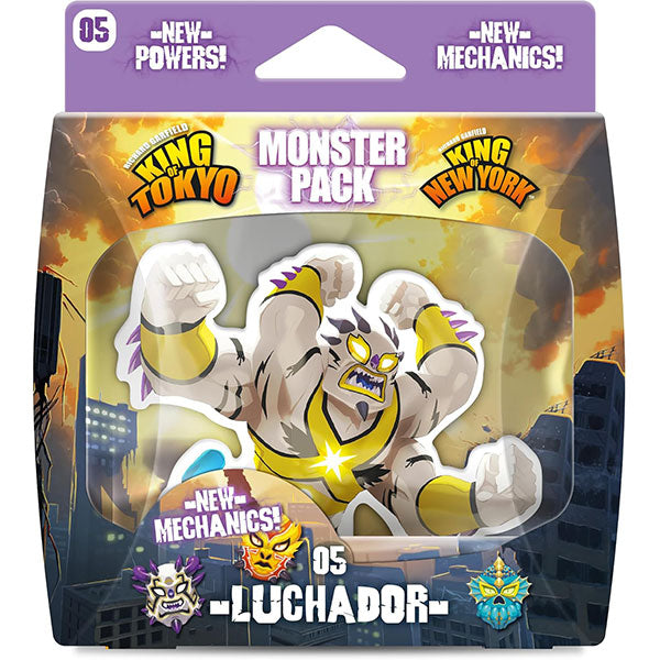 King of Tokyo: Luchador Monster Pack - King of Tokyo Luchador Monster Pack featuring muscular masked wrestler figure with purple and gold costume in bold colors on