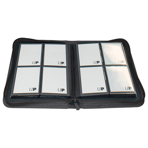 Ultra Pro 4-Pocket Zippered Binder: Vivid - Black (PREORDER) - Black zippered binder with four-pocket clear plastic sleeves on both sides, designed for card storage.