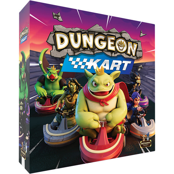 Dungeon Kart - Colorful box art featuring three fantasy characters racing in three-wheeled karts against a sunset background, with bold.