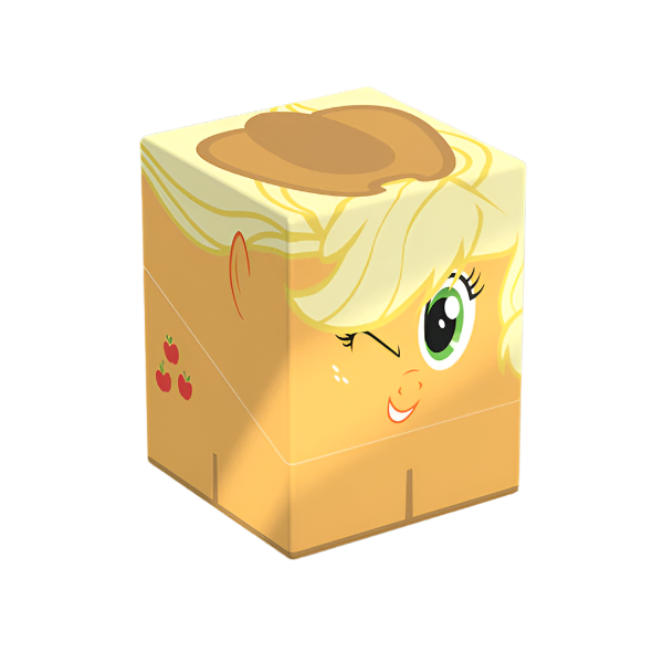 Squaroes Boulder 100+: My Little Pony Friendship is Magic: Apple Jack - Yellow and beige cube-shaped deck box featuring Apple Jack’s winking face and red apple icons.