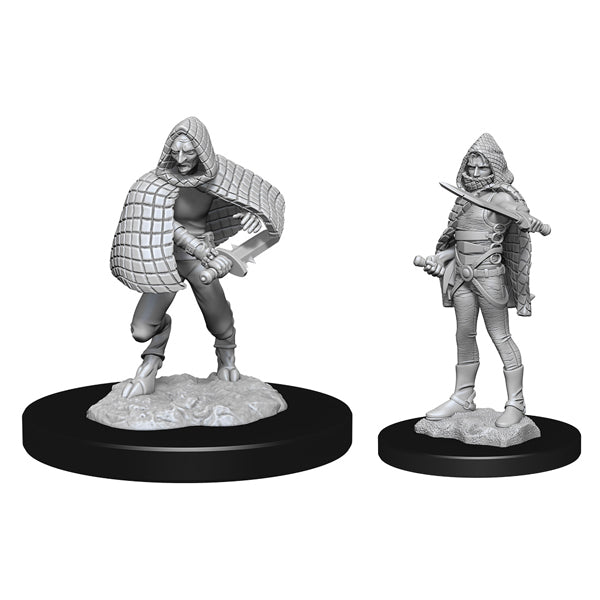 D&D Nolzur's Marvelous Miniatures: Darkling Elder & Darklings - Unpainted gray plastic miniature of a cloaked humanoid with raised arm, next to a smaller hooded figure wielding a curved.