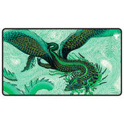 MTG Playmat - Tarkir: Dragonstorm - Teval, Arbiter of Virtue - Black Stitched - Green and teal dragon artwork on rectangular playmat with black stitched edges.