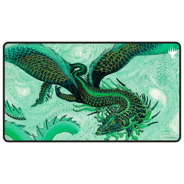 MTG Playmat - Tarkir: Dragonstorm - Teval, Arbiter of Virtue - Black Stitched - Green and teal dragon artwork on rectangular playmat with black stitched edges.