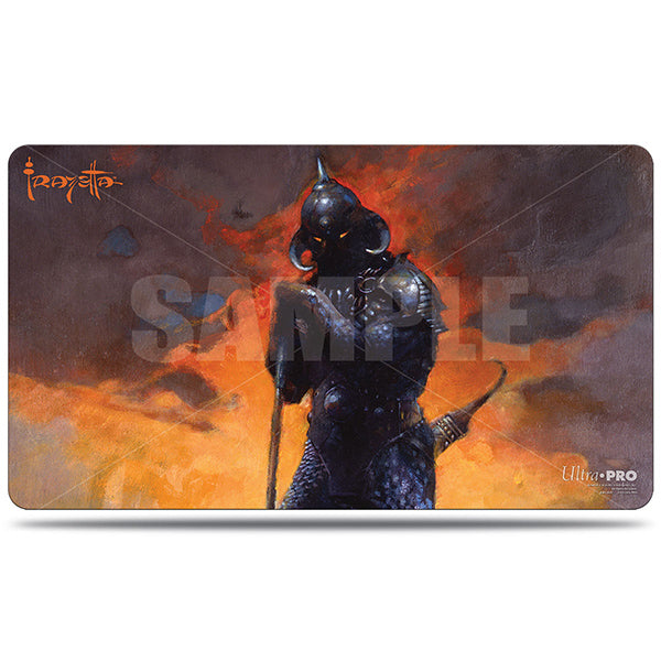Ultra Pro Playmat: Frank Frazetta - Death Dealer III (PREORDER) - Rectangular playmat featuring dark armored warrior with horned helmet against fiery orange and smoky gray background.