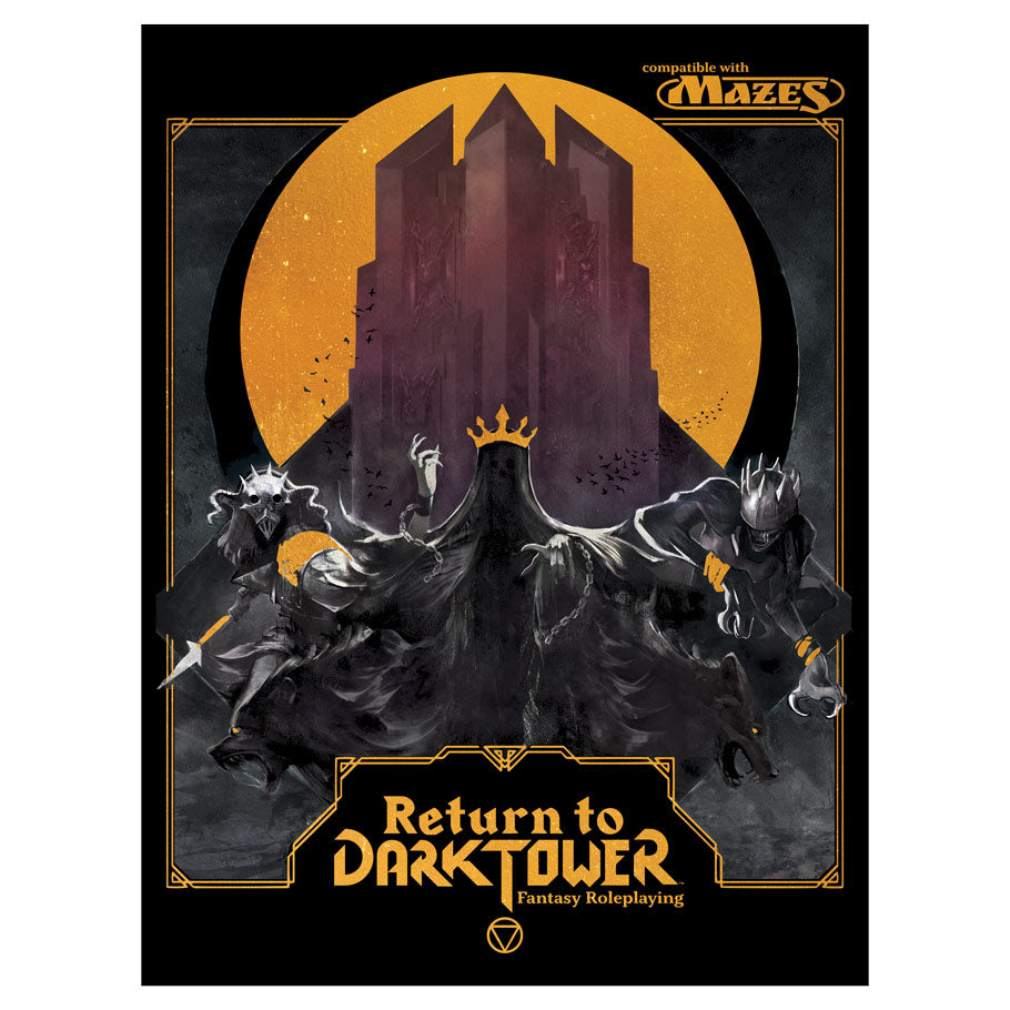 Return to Dark Tower Fantasy Roleplaying - Dark fantasy board game cover featuring a shadowy tower with orange moon backdrop and cloaked figures in black robes.
