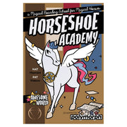 Horseshoe Academy - Book cover featuring a white winged horse with a golden horseshoe pendant, set against a brown background with scattered.