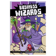 Business Wizards - Board game box with a cartoon wizard in purple robes holding a staff and smartphone, surrounded by floating paper sheets.