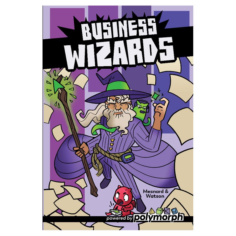 Business Wizards - Board game box with a cartoon wizard in purple robes holding a staff and smartphone, surrounded by floating paper sheets.