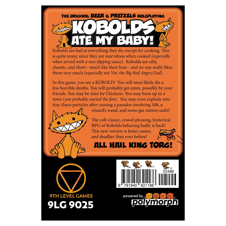 Kobolds Ate My Baby! (the Orange Book) - Orange book cover with bold white and black text "Kobolds Ate My Baby!" featuring cartoonish kobold character and humorous.