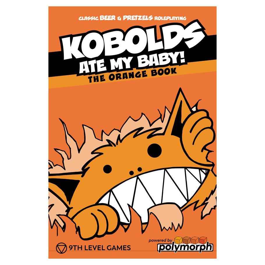 Kobolds Ate My Baby! (the Orange Book) - Bright orange book cover with a cartoon orange kobold showing sharp teeth and ears, bold white and black title text "Kobolds