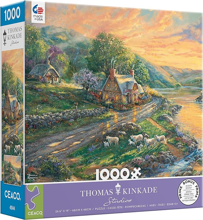Thomas Kinkade - Daybreak at Emerald Valley - 1000 Piece Jigsaw Puzzle - Thomas Kinkade 1000-piece jigsaw puzzle featuring a cottage by a river at sunrise with sheep and trees in pastel colors.