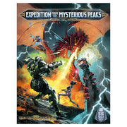 Expedition from the Mysterious Peaks (PREORDER) - Board game box cover featuring armored explorers battling a fire-breathing red dragon amid lightning and rocky terrain.