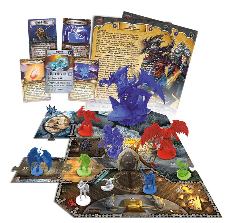Sword & Sorcery: Northwind Tales - Board game expansion components featuring colorful plastic miniatures, detailed cards with fantasy artwork, and illustrated.