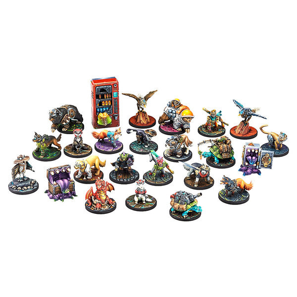 Dungeons & Lasers: Animal Companions (Unpainted) - Set of 22 colorful fantasy animal companion miniatures with detailed bases and a miniature vending machine model.