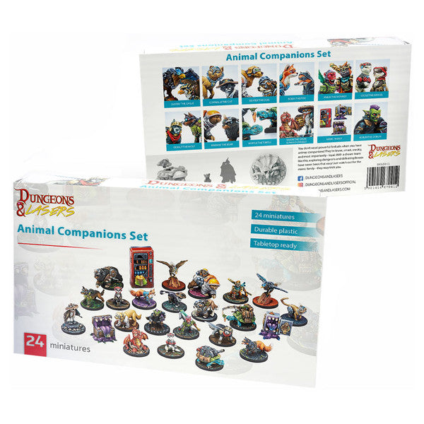 Dungeons & Lasers: Animal Companions (Unpainted) - Set of 24 unpainted detailed miniature animal companion figures in various fantasy poses with bases, displayed on product.
