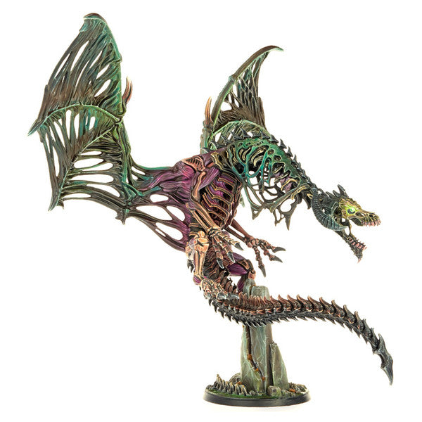 Dungeons & Lasers: Thall (Unpainted) - Intricately detailed unpainted dragon miniature with skeletal wings and a long, curved tail on a round base.
