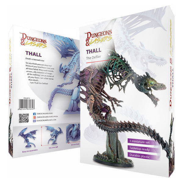 Dungeons & Lasers: Thall (Unpainted) - Unpainted detailed resin dragon mini with spiked tail and fierce open-mouthed expression on display base.